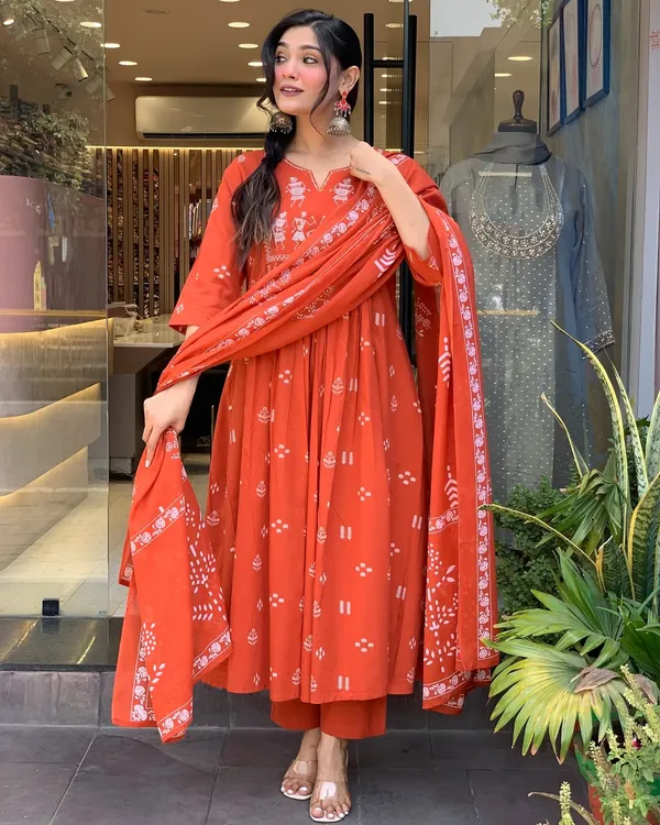 Rust_Anarkali_Cotton_Printd_Embellished_Kurta_With_Pant_And_Dupatta_Women_And_Girls