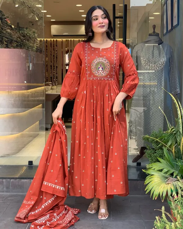Rust_Anarkali_Cotton_Printd_Embellished_Kurta_With_Pant_And_Dupatta_Women_And_Girls