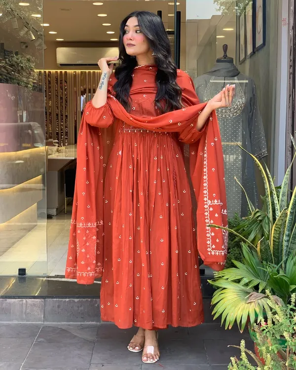 Rust_Anarkali_Cotton_Printd_Embellished_Kurta_With_Pant_And_Dupatta_Women_And_Girls