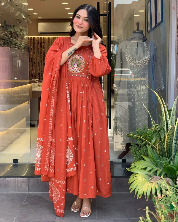 Rust_Anarkali_Cotton_Printd_Embellished_Kurta_With_Pant_And_Dupatta_Women_And_Girls