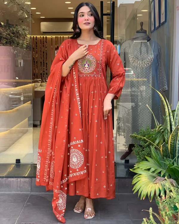 Rust_Anarkali_Cotton_Printd_Embellished_Kurta_With_Pant_And_Dupatta_Women_And_Girls