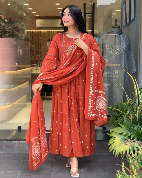 Rust_Anarkali_Cotton_Printd_Embellished_Kurta_With_Pant_And_Dupatta_Women_And_Girls