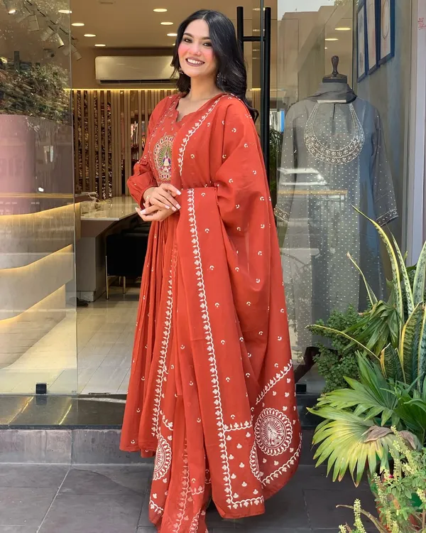 Rust_Anarkali_Cotton_Printd_Embellished_Kurta_With_Pant_And_Dupatta_Women_And_Girls