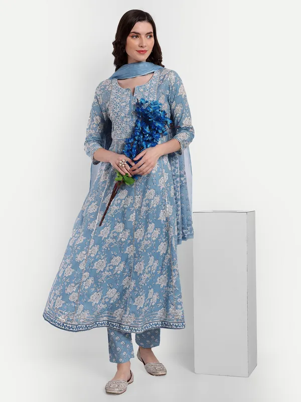 Aqua_Anarkali_Cotton_Printed_Embroidered_Kurta_With_Pant_And_Dupatta_For_Women