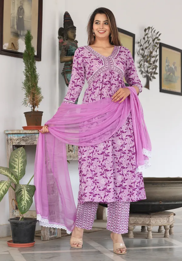 Lavender_Alia_Cut_Rayon_Printed_Embroidered_Kurta_With_Pant_And_Dupatta_For_Women