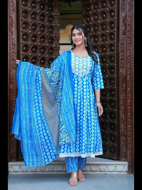 Blue_Printed_Anarkali_Pure_Cotton_Kurta_With_Pant_And_Dupatta