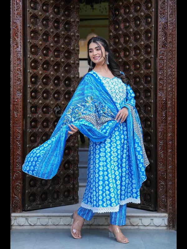 Blue_Printed_Anarkali_Pure_Cotton_Kurta_With_Pant_And_Dupatta