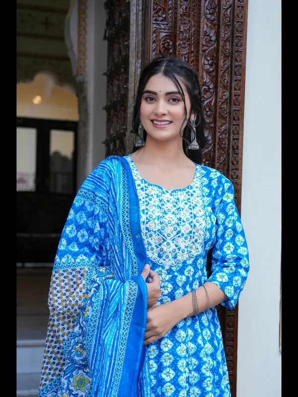 Blue_Printed_Anarkali_Pure_Cotton_Kurta_With_Pant_And_Dupatta
