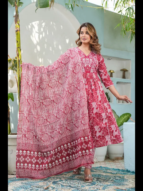 Mustard_Printed_Cotton_A-Line_Kurta_With_Pant_And_Dupatta