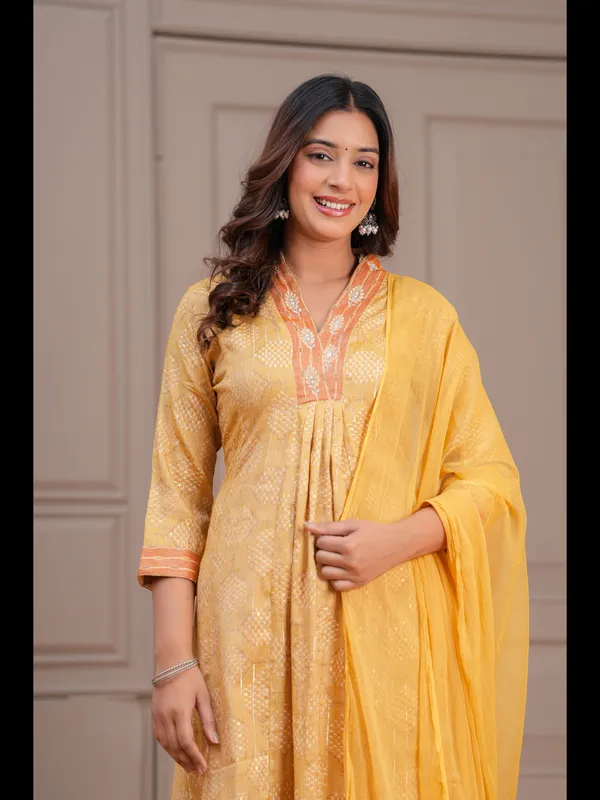 Mustard_Printed_A-line_Rayon_Kurta_With_Pant_And_Dupatta