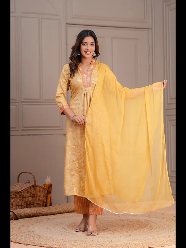Mustard_Printed_A-line_Rayon_Kurta_With_Pant_And_Dupatta