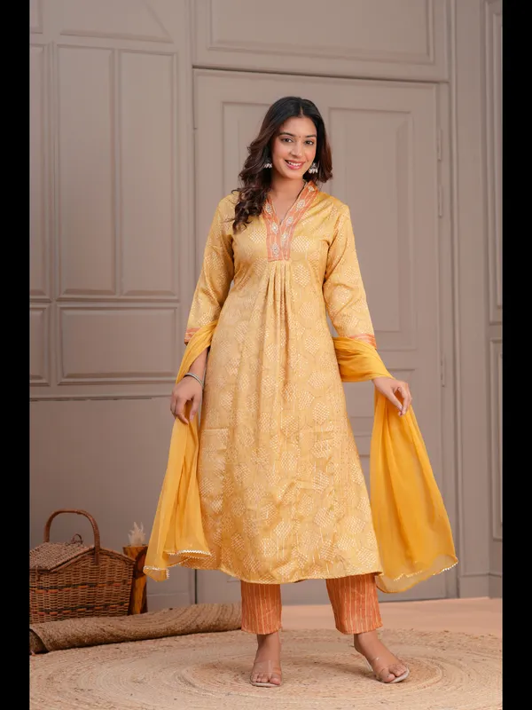 Mustard_Printed_A-line_Rayon_Kurta_With_Pant_And_Dupatta