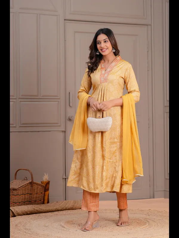 Mustard_Printed_A-line_Rayon_Kurta_With_Pant_And_Dupatta