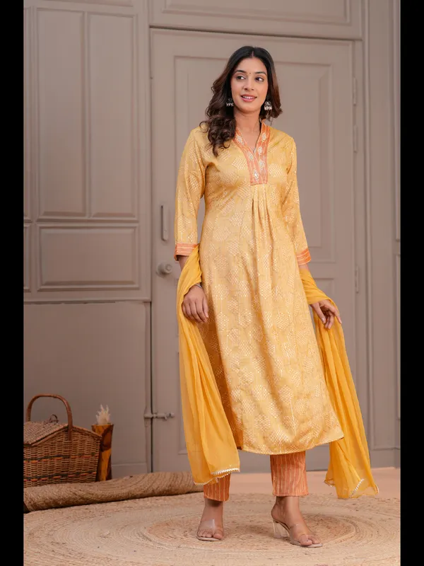 Mustard_Printed_A-line_Rayon_Kurta_With_Pant_And_Dupatta
