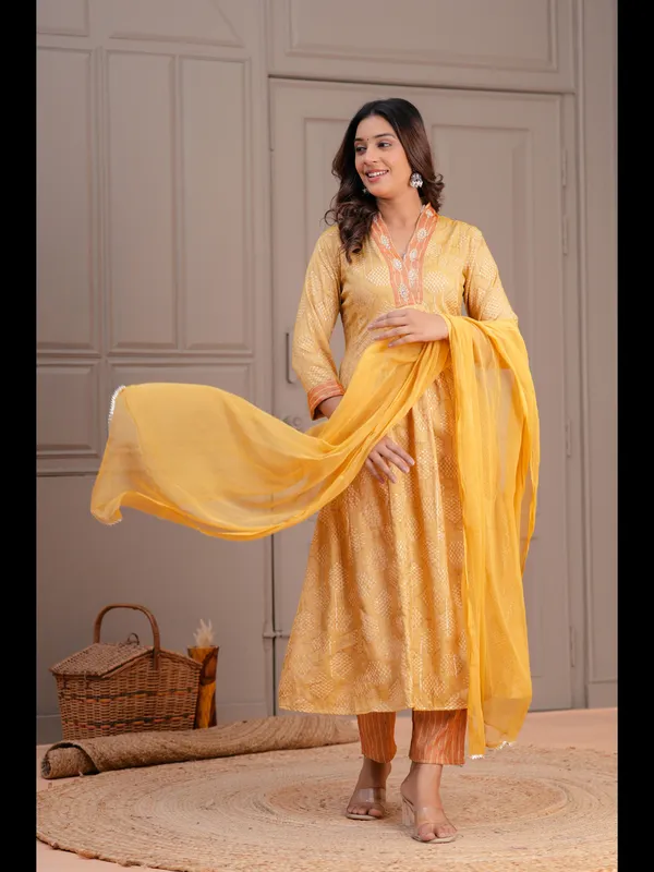 Mustard_Printed_A-line_Rayon_Kurta_With_Pant_And_Dupatta