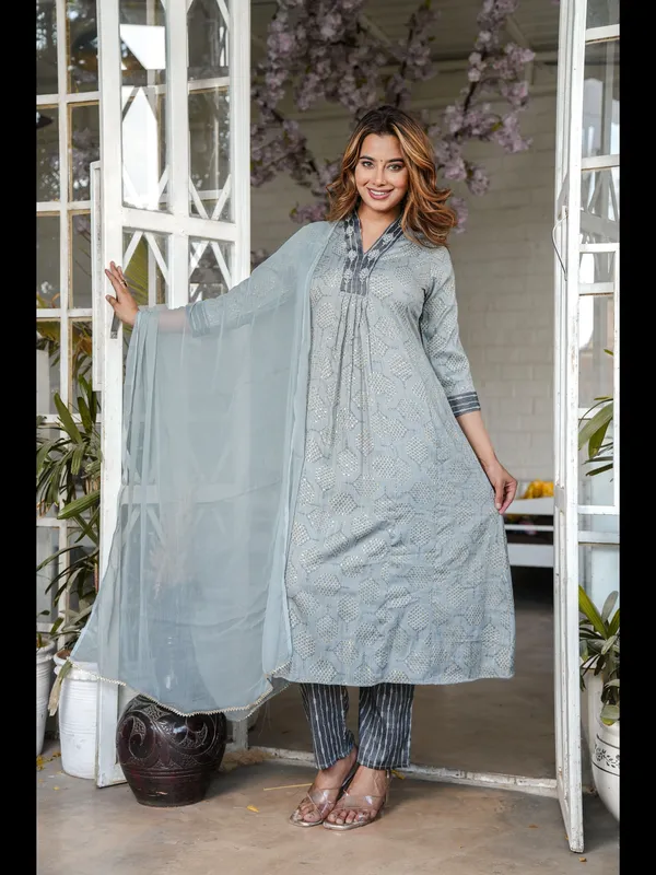 Grey_Printed_Rayon_A-Line_Kurta_With_Pant_And_Dupatta