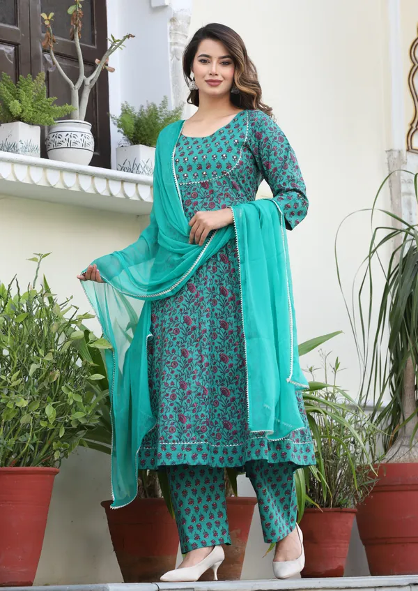 Green_Anarkali_Cotton_Printd_Embroiderd_Kurta_With_Pant_And_Dupatta_Women_And_Girls