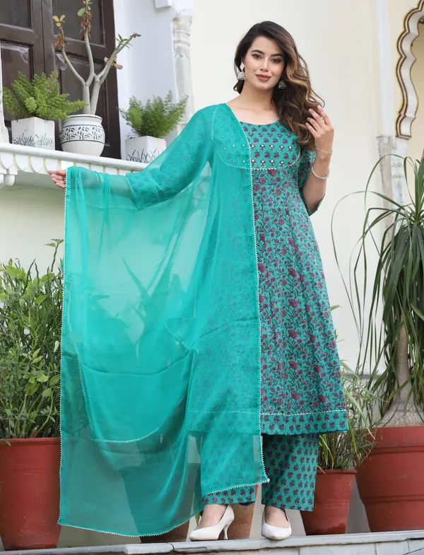 Green_Anarkali_Cotton_Printd_Embroiderd_Kurta_With_Pant_And_Dupatta_Women_And_Girls