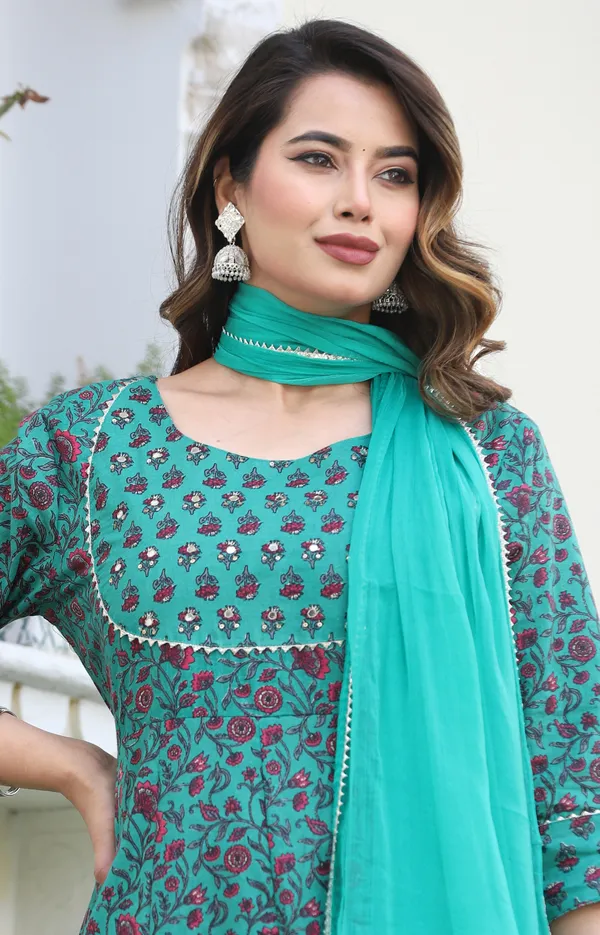 Green_Anarkali_Cotton_Printd_Embroiderd_Kurta_With_Pant_And_Dupatta_Women_And_Girls