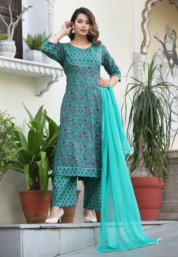 Green_Anarkali_Cotton_Printd_Embroiderd_Kurta_With_Pant_And_Dupatta_Women_And_Girls