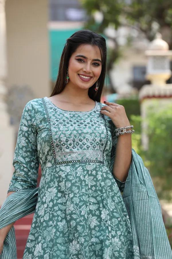 Green_Anarkali_Cotton_Printed_Embroidered_Kurta_With_Pant_Dupatta