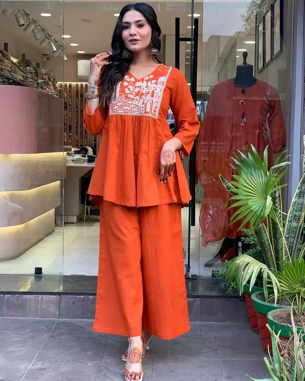 Orange_Solid_Embellished_Co-Ord_Set_For_Women