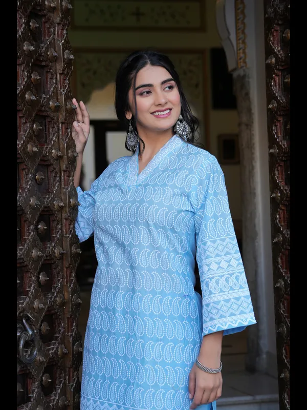 Blue_Printed_Straight_Pure_Cotton_Kurta_With_Pant