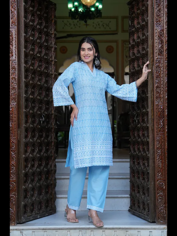 Blue_Printed_Straight_Pure_Cotton_Kurta_With_Pant