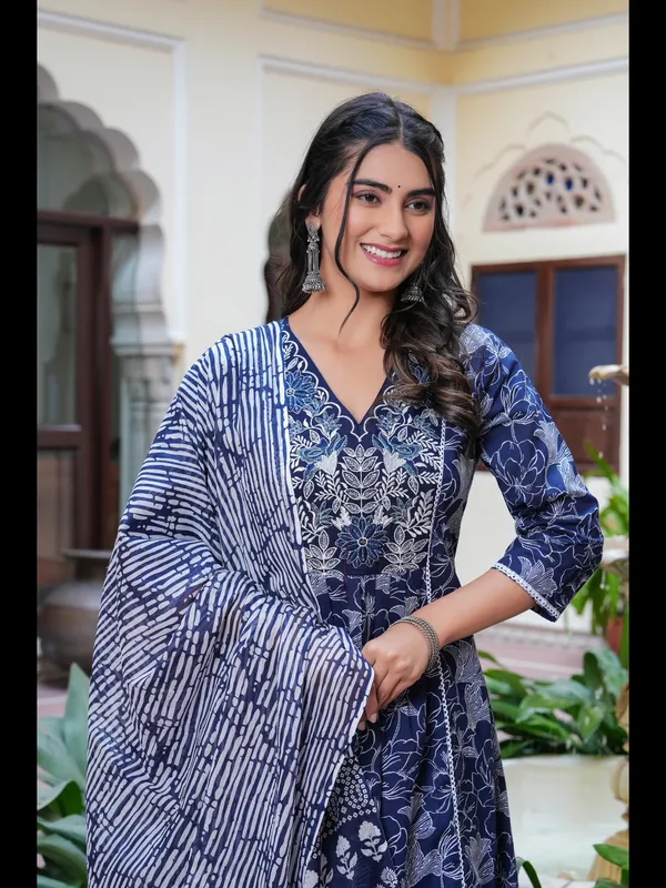 Blue_Printed_Anarkali_Pure_Cotton_Kurta_With_Pant_And_Dupatta