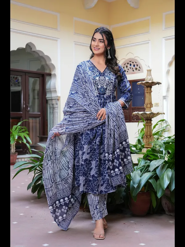 Blue_Printed_Anarkali_Pure_Cotton_Kurta_With_Pant_And_Dupatta