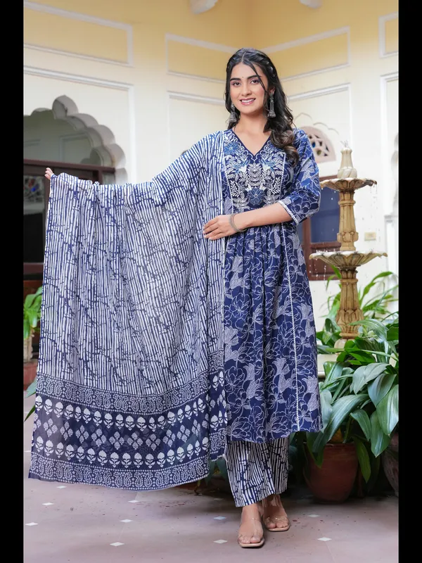 Blue_Printed_Anarkali_Pure_Cotton_Kurta_With_Pant_And_Dupatta