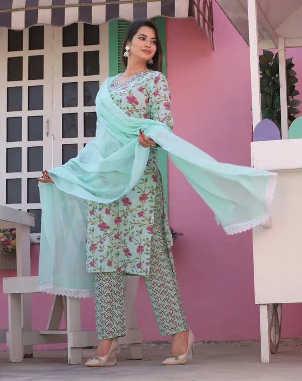 Green_Straight_Cotton_Printed_Embroidered_Kurta_With_Pant_And_Dupatta_Women_And_Girls