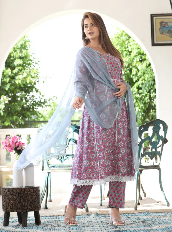 Multicolor_Anarkali_Cotton_Printed_Embroidered_Kurta_With_Pant_And_Dupatta_For_Women