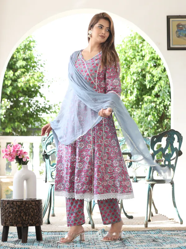 Multicolor_Anarkali_Cotton_Printed_Embroidered_Kurta_With_Pant_And_Dupatta_For_Women