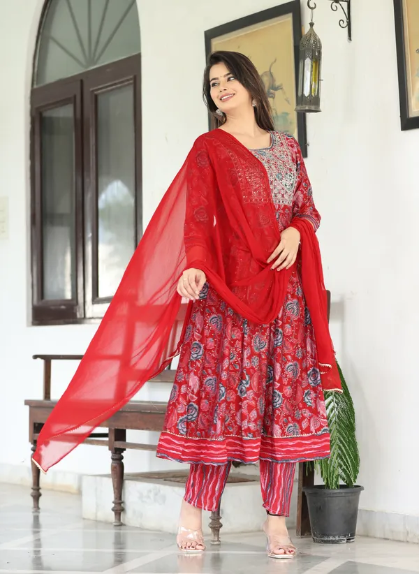 Red_Anarkali_Rayon_Printed_Embroidered_Kurta_With_Pant_And_Dupatta_For_Women