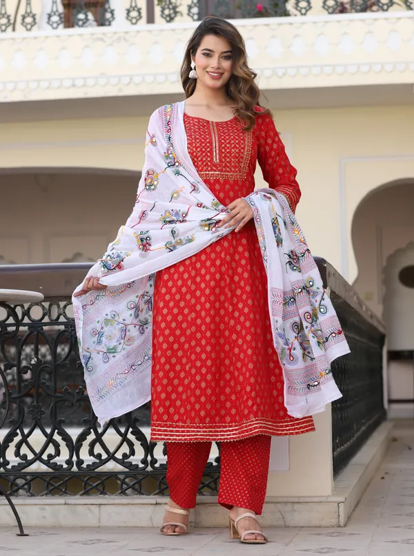 Red_Anarkali_Rayon_Printd_Embroiderd_Kurta_With_Pant_And_Dupatta_Women_And_Girls