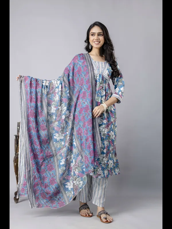 Blue_Alia_Cut_Cotton_Printed_Kurta_With_Pant_And_Dupatta