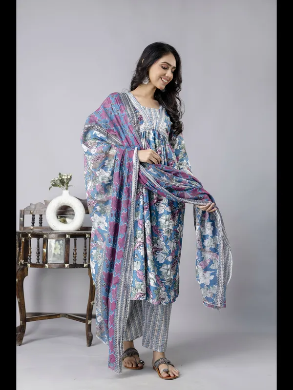 Blue_Alia_Cut_Cotton_Printed_Kurta_With_Pant_And_Dupatta