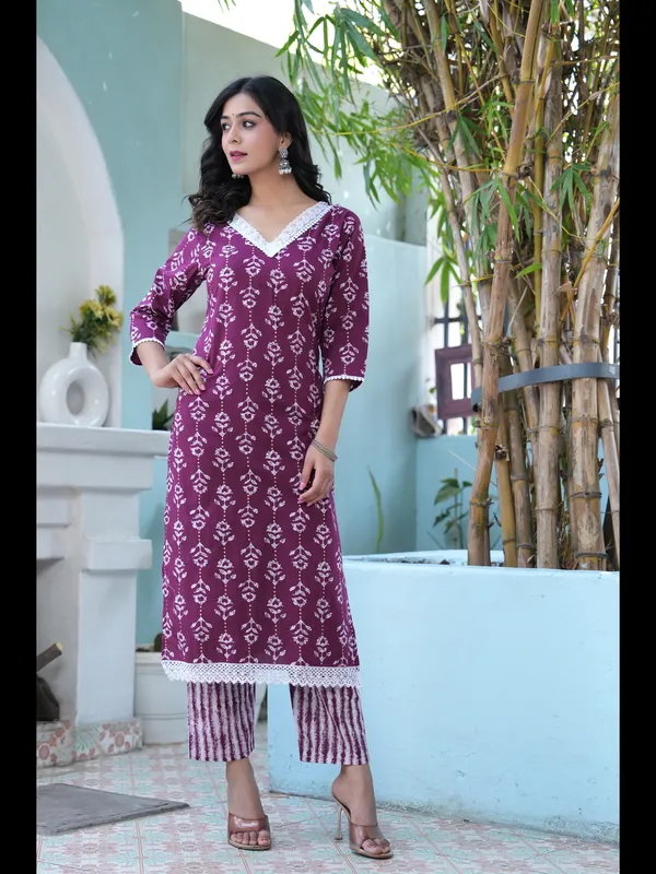 Wine_Printed_Straight_Pure_Cotton_Kurta_With_Pant_And_Dupatta