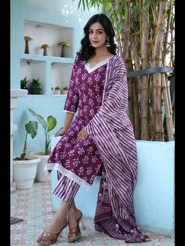 Wine_Printed_Straight_Pure_Cotton_Kurta_With_Pant_And_Dupatta