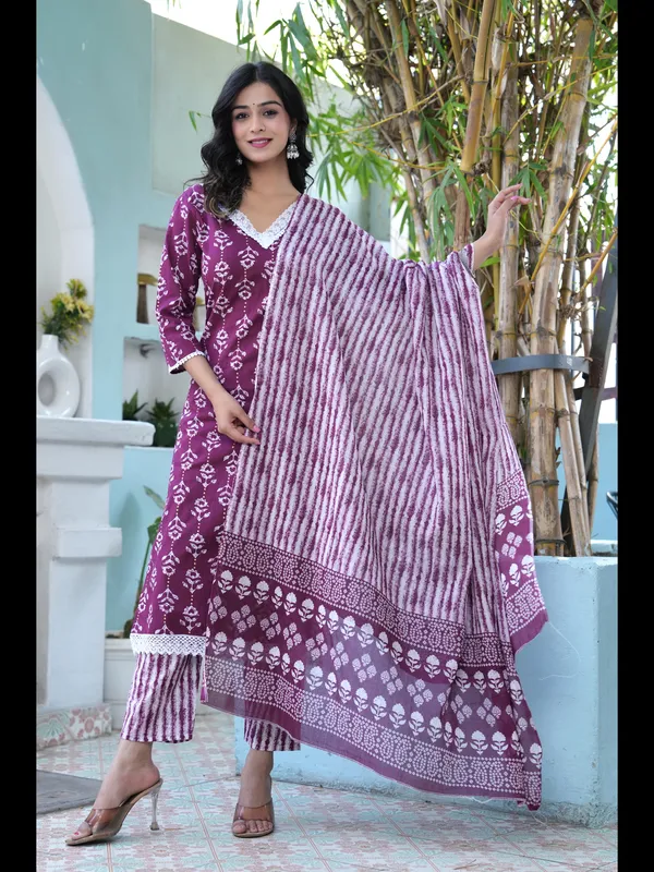 Wine_Printed_Straight_Pure_Cotton_Kurta_With_Pant_And_Dupatta