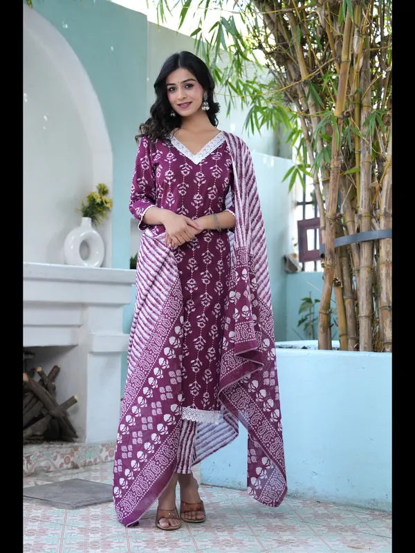 Wine_Printed_Straight_Pure_Cotton_Kurta_With_Pant_And_Dupatta