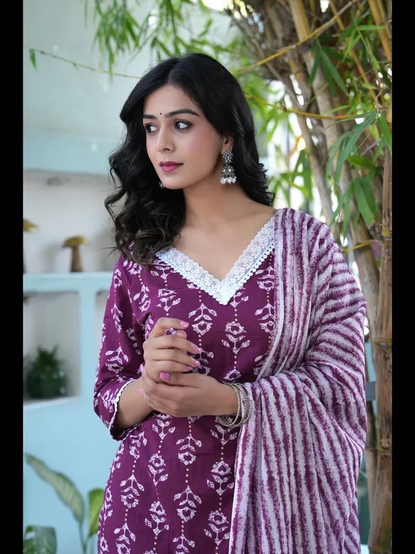 Wine_Printed_Straight_Pure_Cotton_Kurta_With_Pant_And_Dupatta