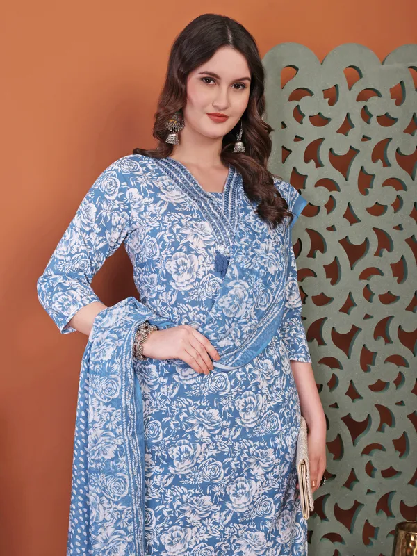 Blue_Anarkali_Cotton_Printed_Self_Design_Kurta_With_Pant_And_Dupatta_Women_And_Girls
