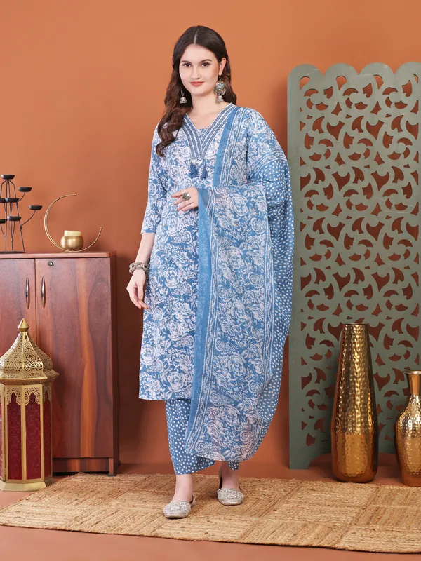 Blue_Anarkali_Cotton_Printed_Self_Design_Kurta_With_Pant_And_Dupatta_Women_And_Girls