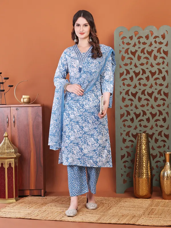 Blue_Anarkali_Cotton_Printed_Self_Design_Kurta_With_Pant_And_Dupatta_Women_And_Girls
