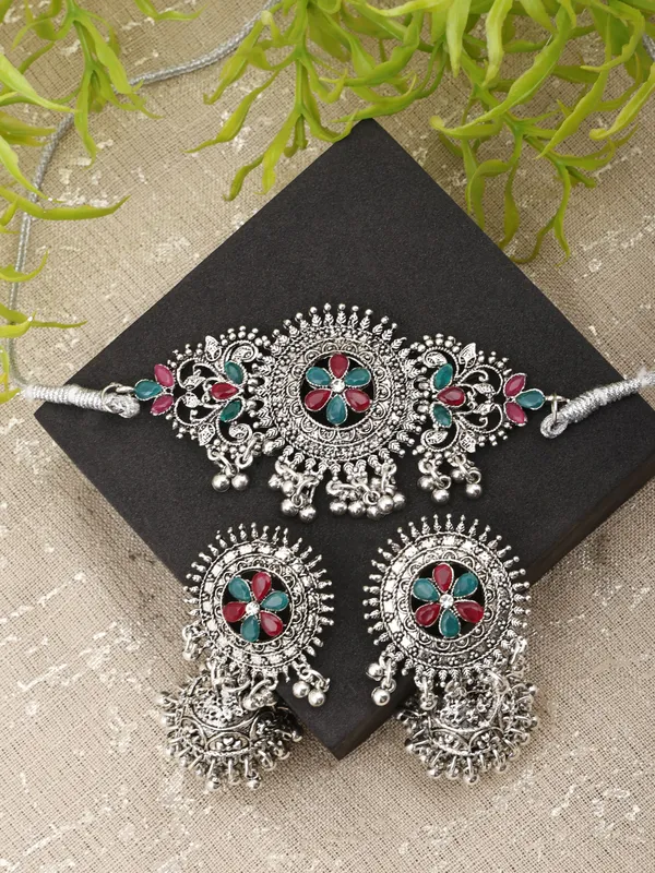 Silver_&_Green_&_Maroon_Necklace_Set_for_Women_|_Premium_Oxidised_Silver_Necklace_for_Everyday_Use