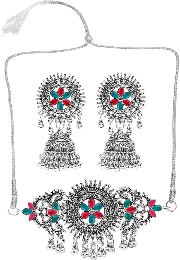 Silver_&_Green_&_Maroon_Necklace_Set_for_Women_|_Premium_Oxidised_Silver_Necklace_for_Everyday_Use