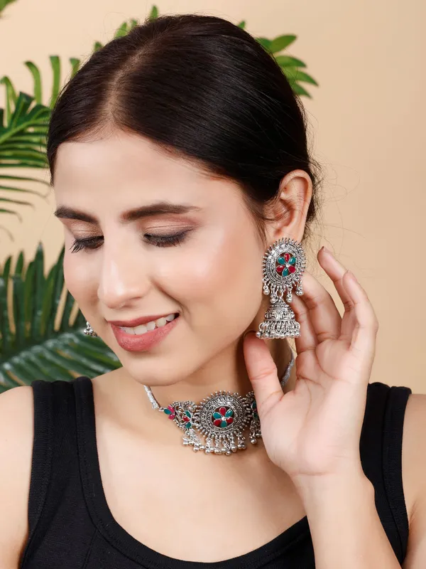 Silver_&_Green_&_Maroon_Necklace_Set_for_Women_|_Premium_Oxidised_Silver_Necklace_for_Everyday_Use