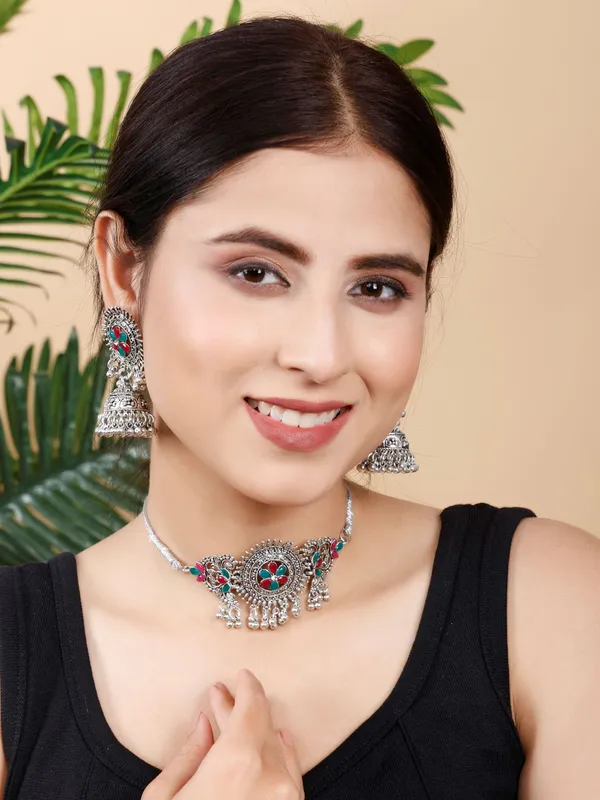 Silver_&_Green_&_Maroon_Necklace_Set_for_Women_|_Premium_Oxidised_Silver_Necklace_for_Everyday_Use